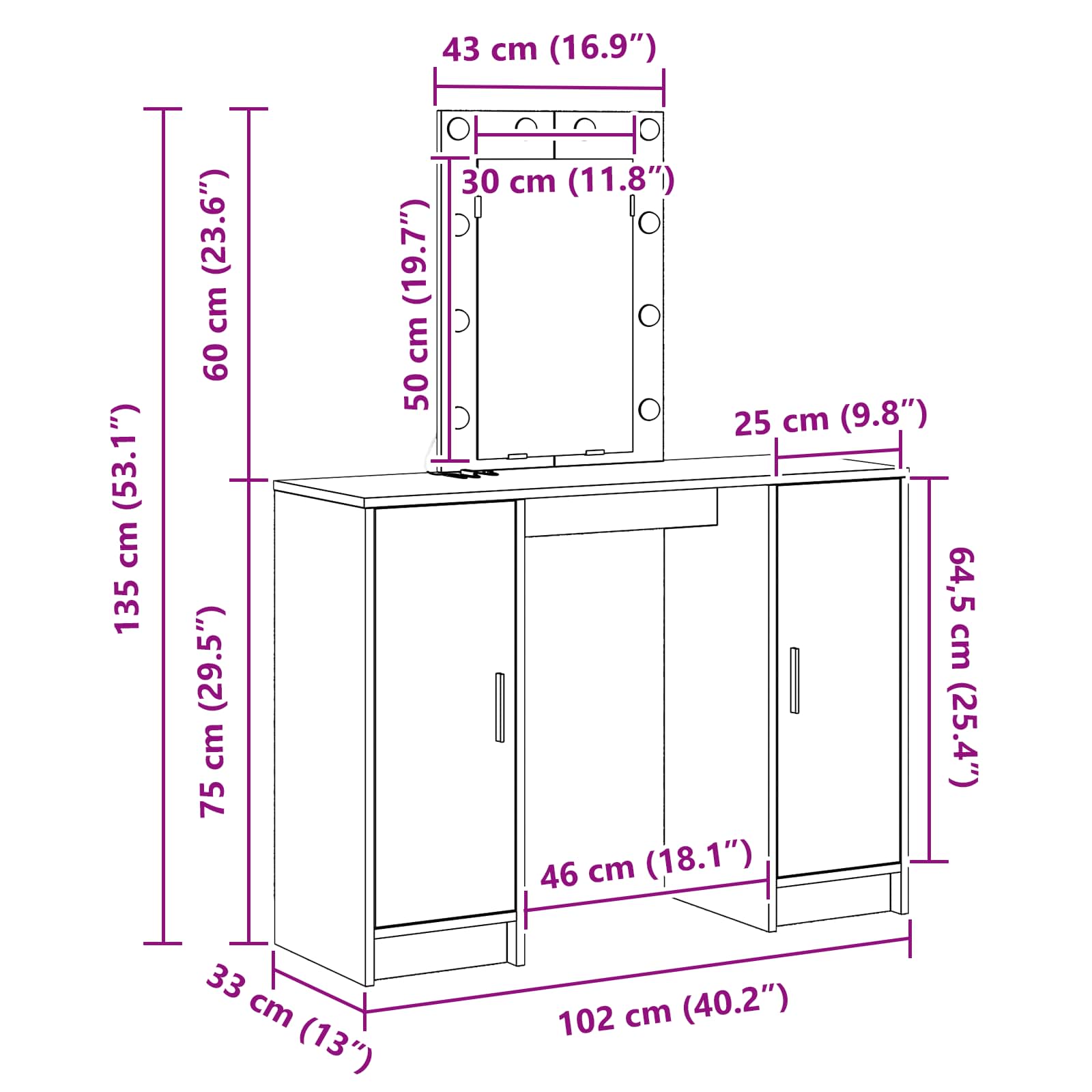 Makeup Table White 102 x 33 x 135 cm Engineered wood