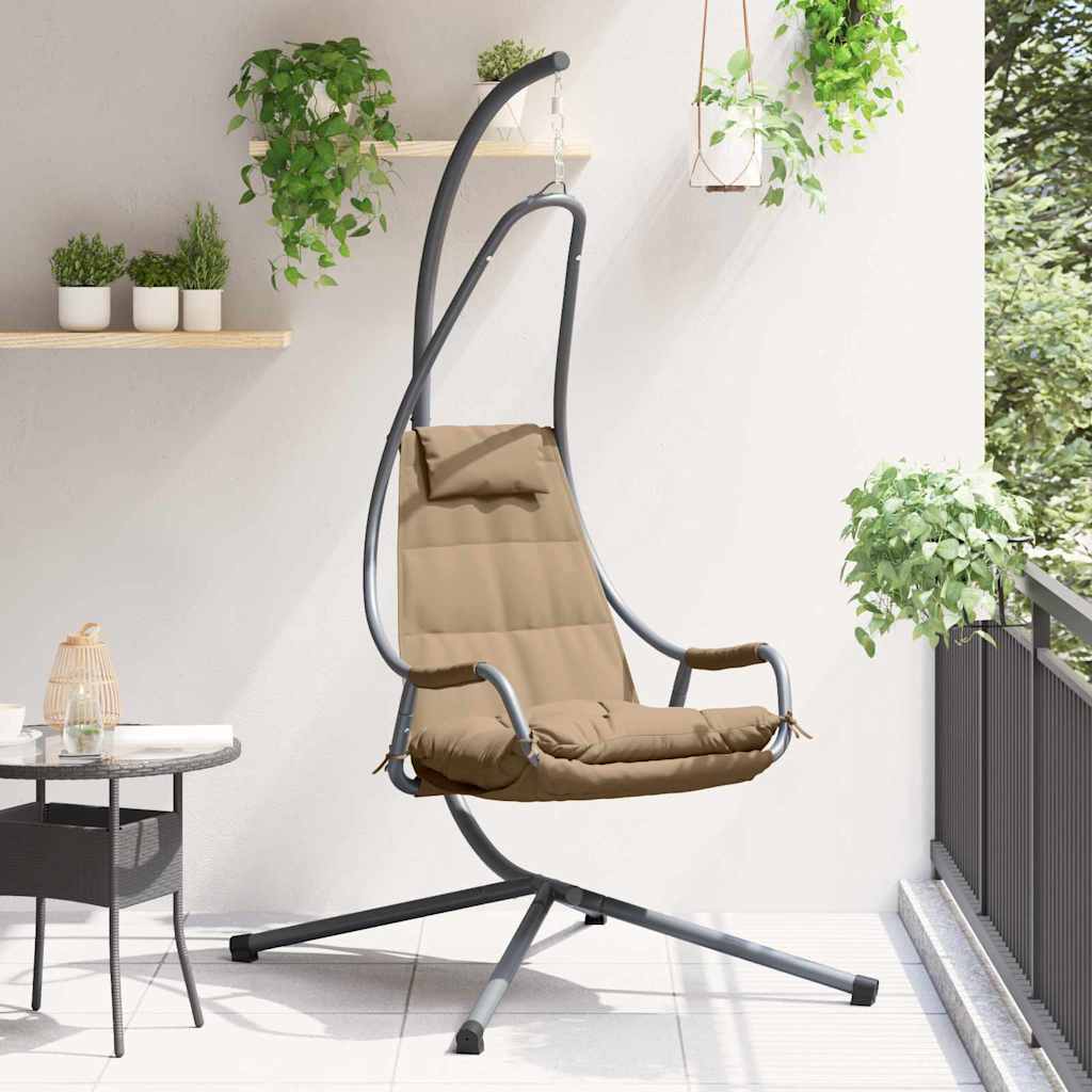 Taupe Steel Hanging Chair with Stand and Pillow