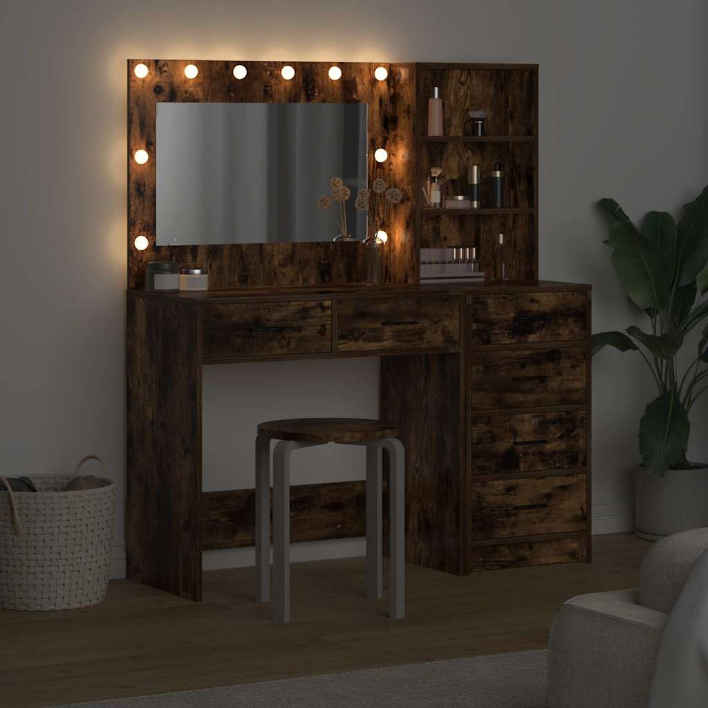 2 dalių makiažo staliuko rinkinys su LED dūminio ąžuolo inžinerine mediena