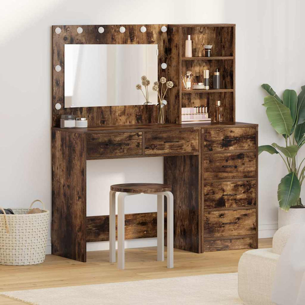 2 dalių makiažo staliuko rinkinys su LED dūminio ąžuolo inžinerine mediena