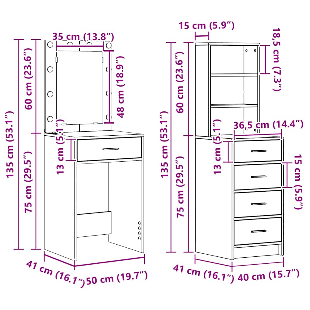Makiažo stalas 2 pcs Pilka 50 x 41 x 135 cm Apdirbta mediena
