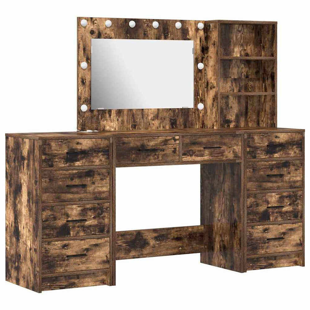 3-part dressing table with LED lighting and smoked oak finish