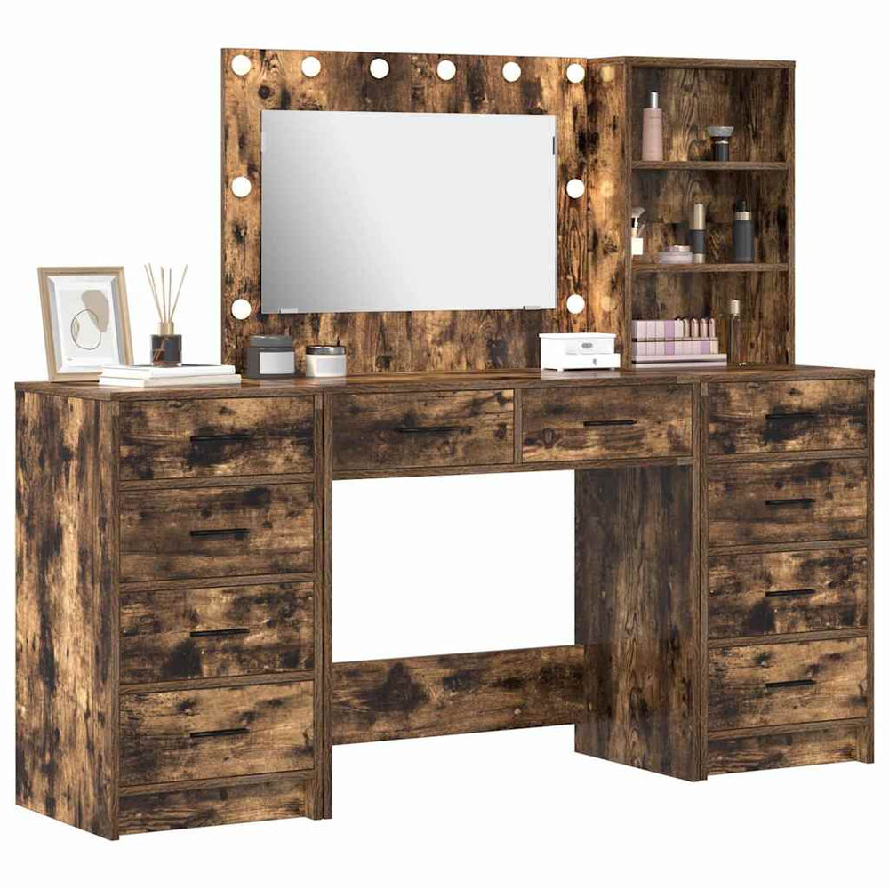 3-part dressing table with LED lighting and smoked oak finish