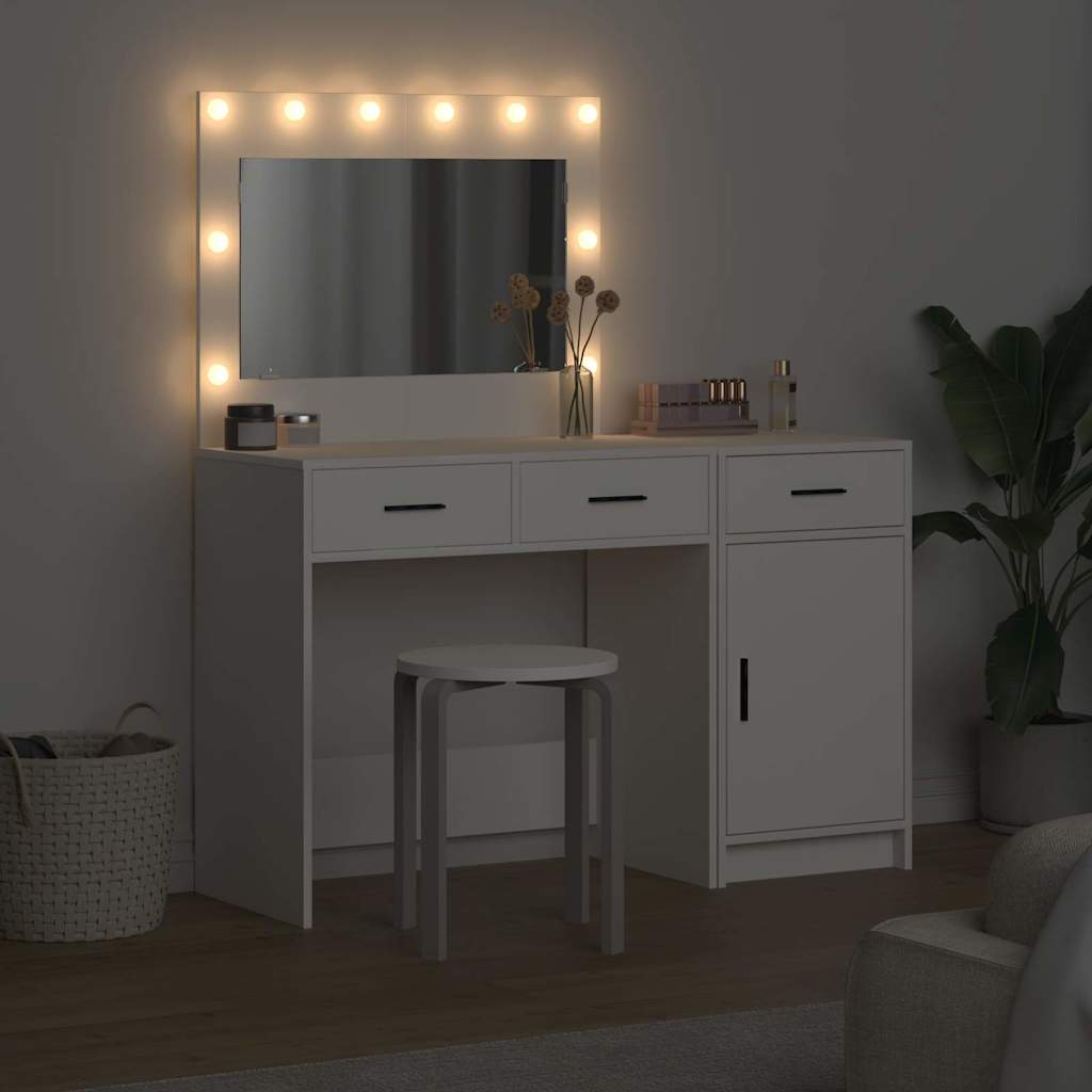2 Vnt. Makiažo Stalo Komplektas su LED Baltojo Inžinerinio Medžio