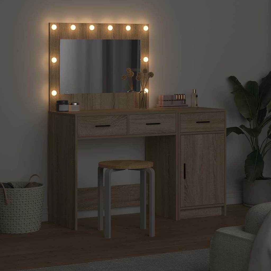 2 dalių makiažo staliuko rinkinys su LED šviesa, Sonoma ąžuolo mediena