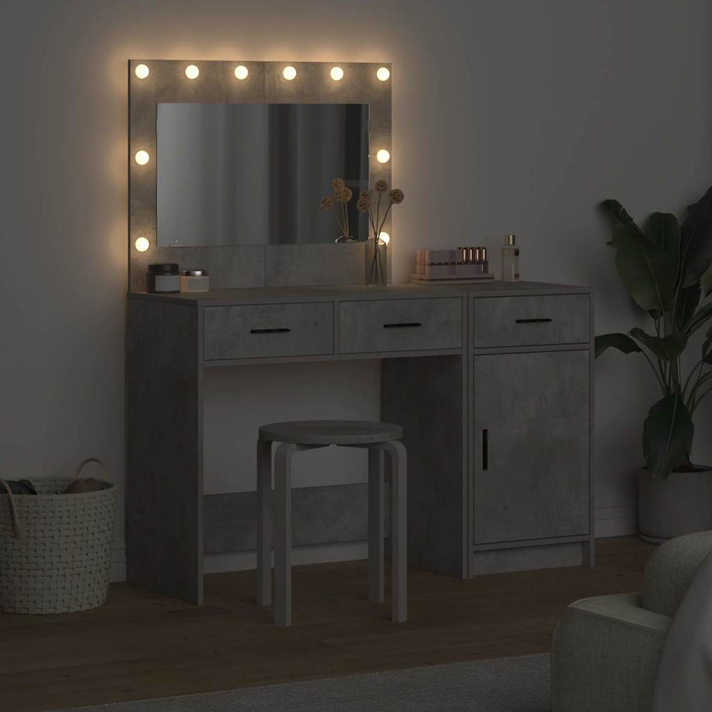 2 dalių makiažo staliuko komplektas su LED, betono pilkos spalvos inžineriniu medžiu