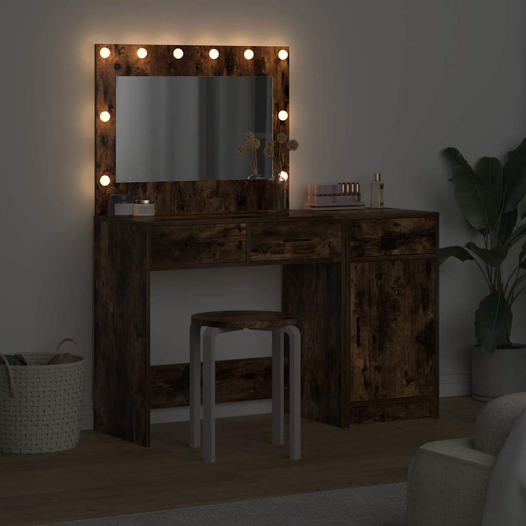 2 dalys Makiažo stalo rinkinys su LED apšvietimu, dūminis ąžuolas, inžinerinis medis