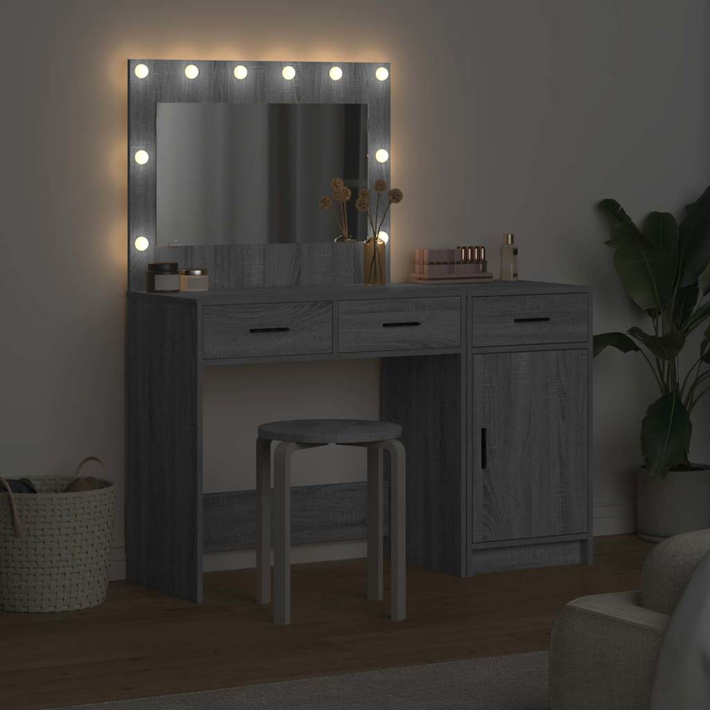 2 dalių makiažo stalo komplektas su LED pilkas sonomos medis