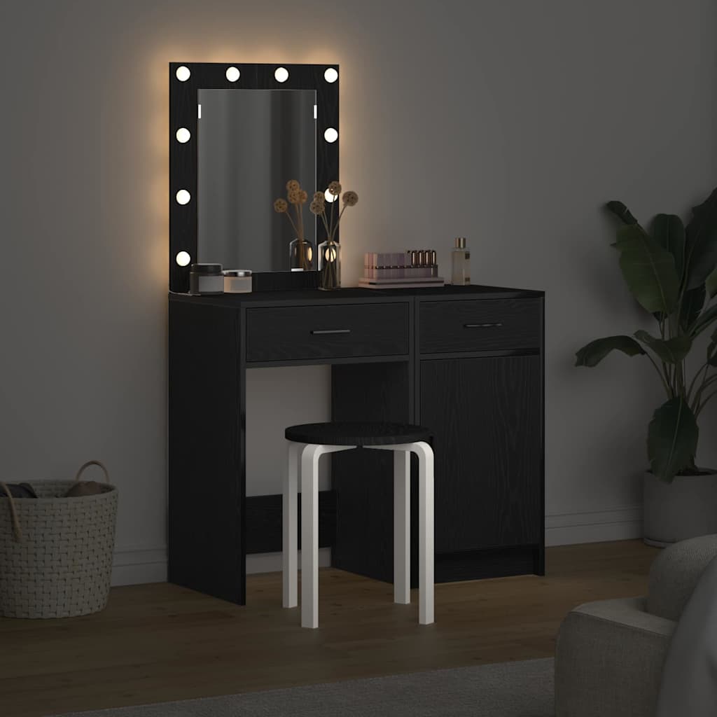 2 dalių tualeto stalo rinkinys su LED juodos inžinerinės medienos