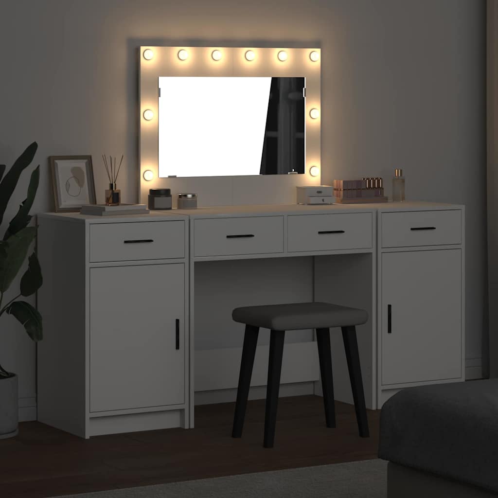 3 dalių makiažo staliuko komplektas su LED, baltas perdirbtos medienos
