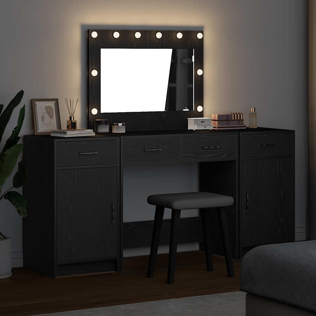 3 dalių makiažo stalų komplektas su LED juoda inžinerine mediena