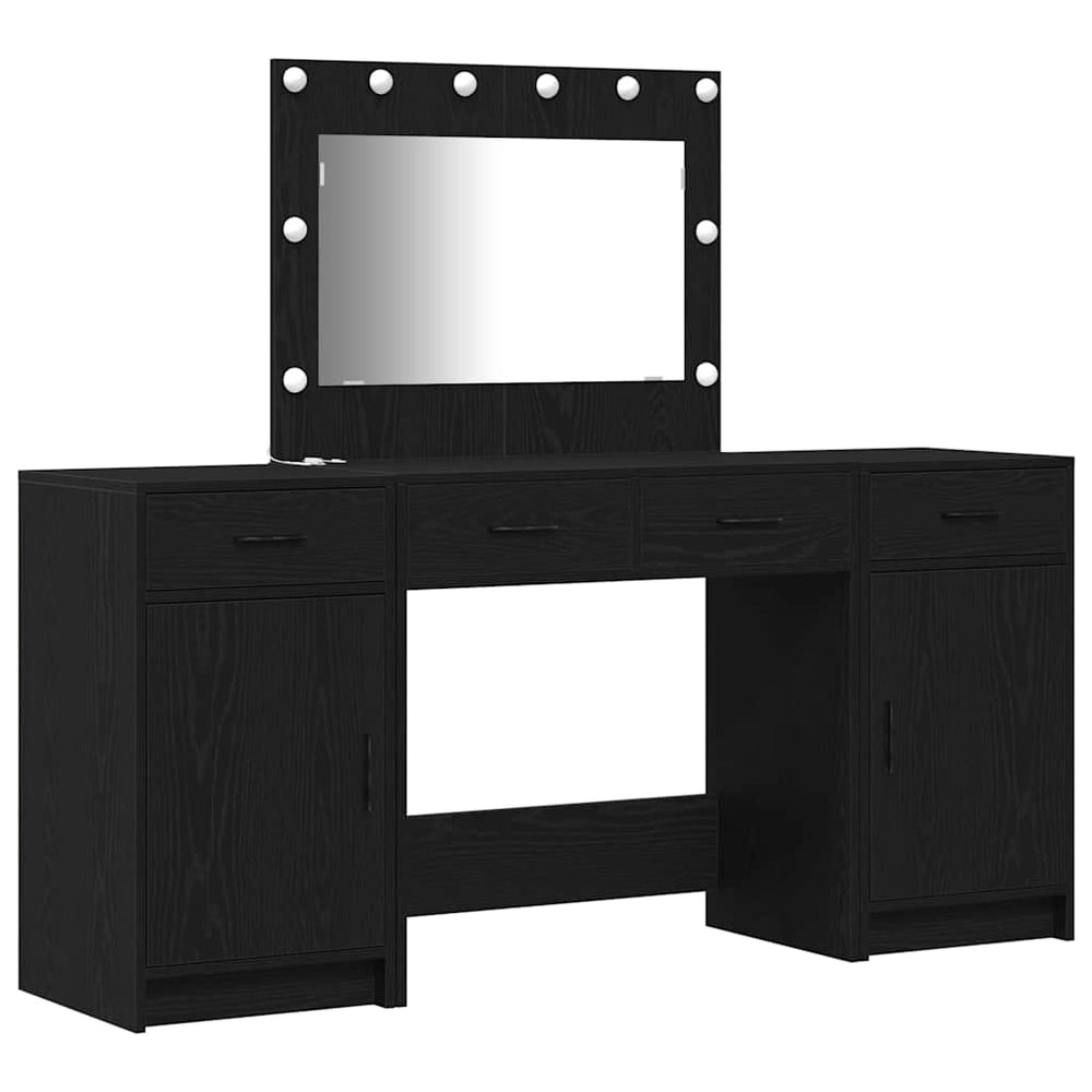 3 dalių makiažo stalų komplektas su LED juoda inžinerine mediena