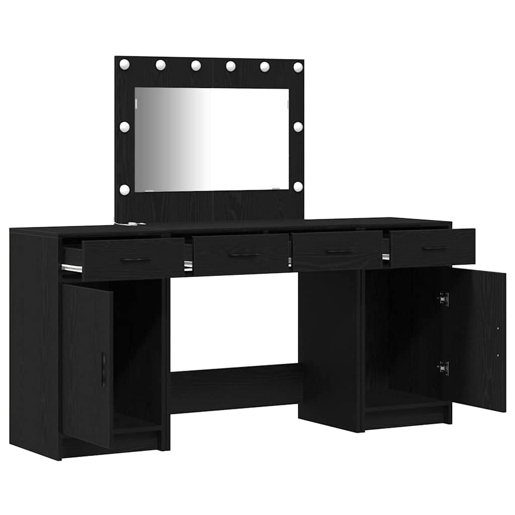 3 dalių makiažo stalų komplektas su LED juoda inžinerine mediena