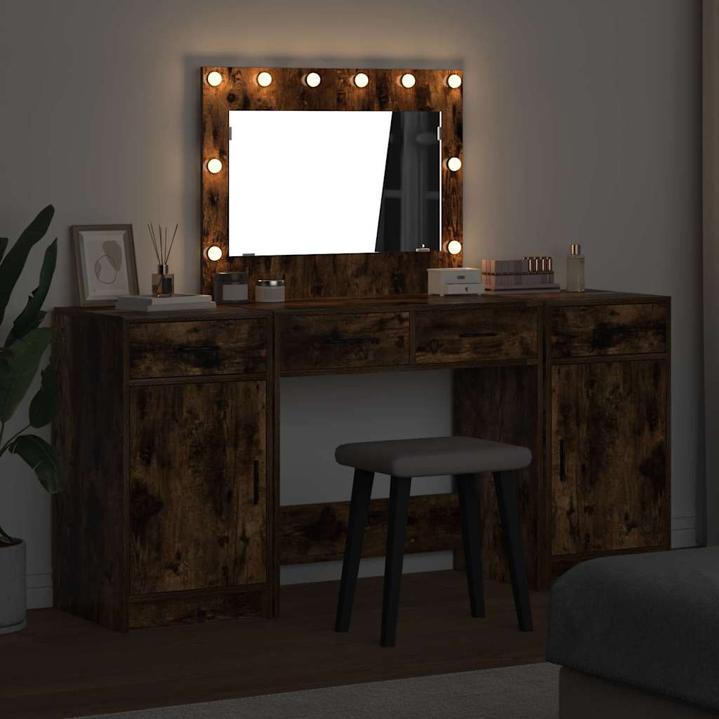 3 dalių kosmetinio stalo komplektas su LED rūkytos ąžuolo medžiaga