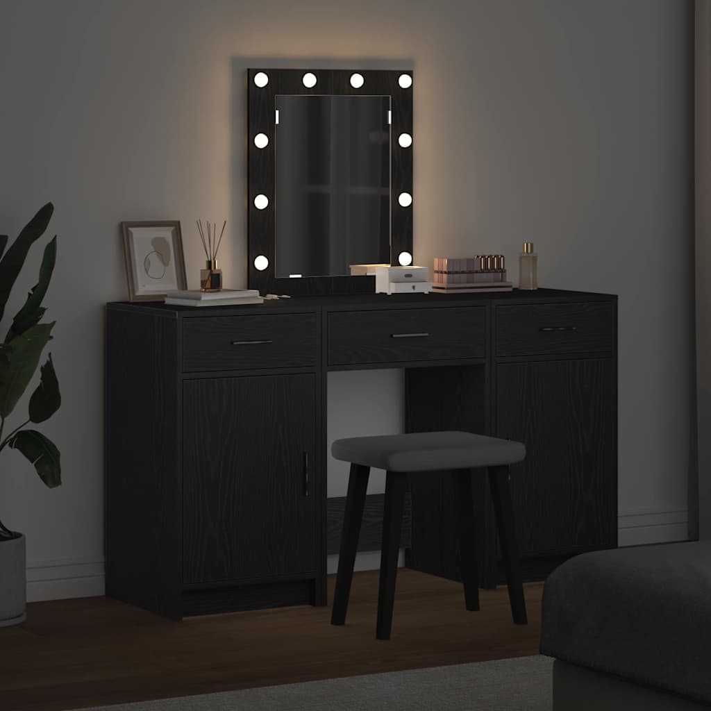 3 dalių kosmetinio stalo komplektas su LED juoda inžinerine mediena