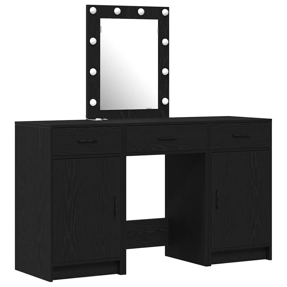 3 dalių kosmetinio stalo komplektas su LED juoda inžinerine mediena