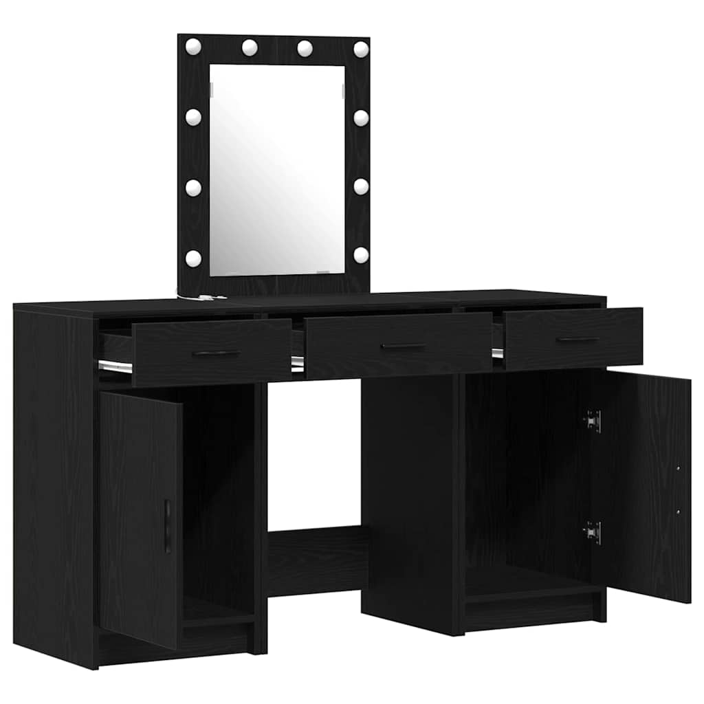 3 dalių kosmetinio stalo komplektas su LED juoda inžinerine mediena