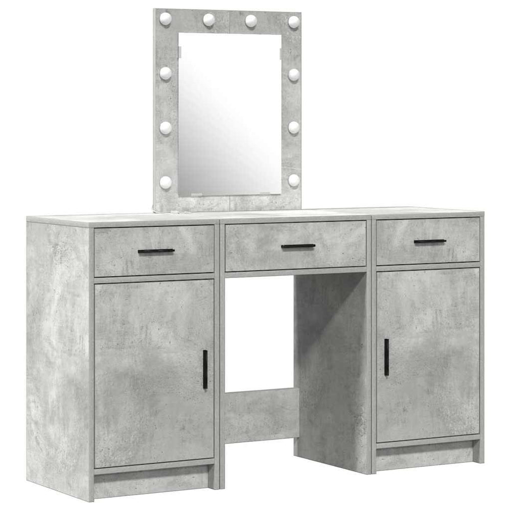 3-piece dressing table set with LED light, concrete grey engineered wood