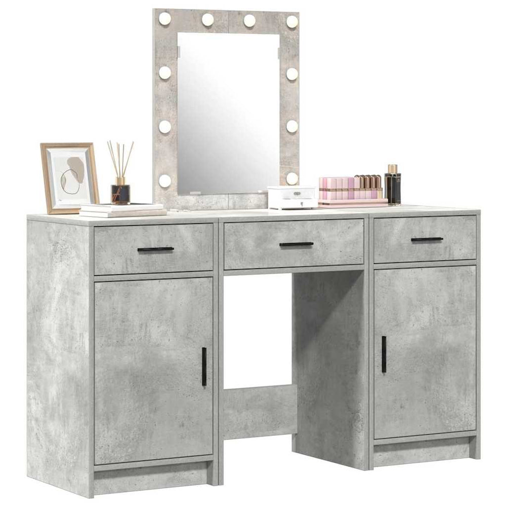 3-piece dressing table set with LED light, concrete grey engineered wood