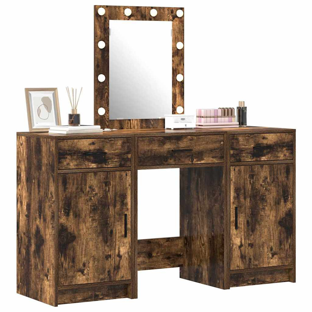 3-piece vanity table set with LED smoky oak wood
