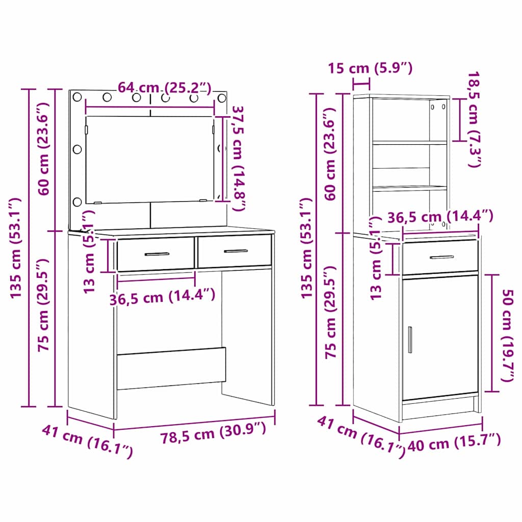 Makiažo stalas 2 pcs Pilka 78.5 x 41 x 135 cm Apdirbta mediena