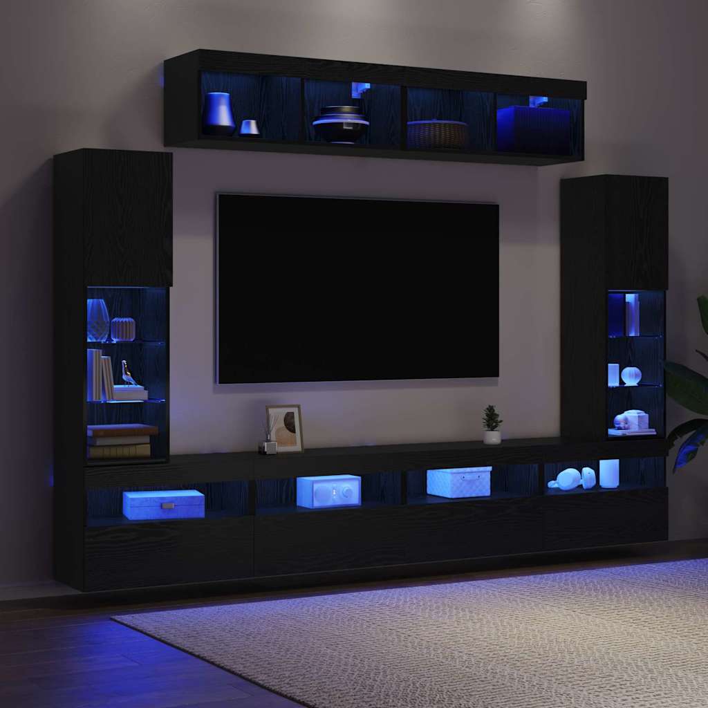 8 dalių TV sienos vienetai su LED Juodasis ąžuolas Inžinerinė mediena