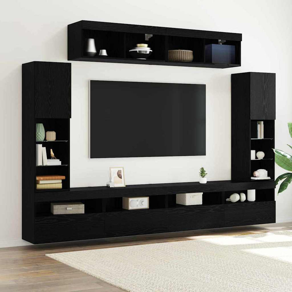 8 dalių TV sienos vienetai su LED Juodasis ąžuolas Inžinerinė mediena
