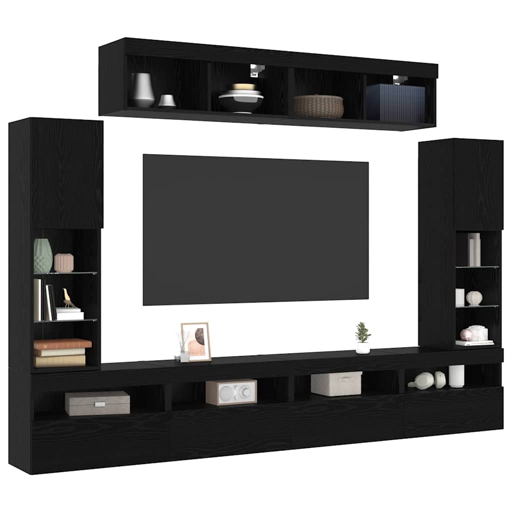 8 dalių TV sienos vienetai su LED Juodasis ąžuolas Inžinerinė mediena