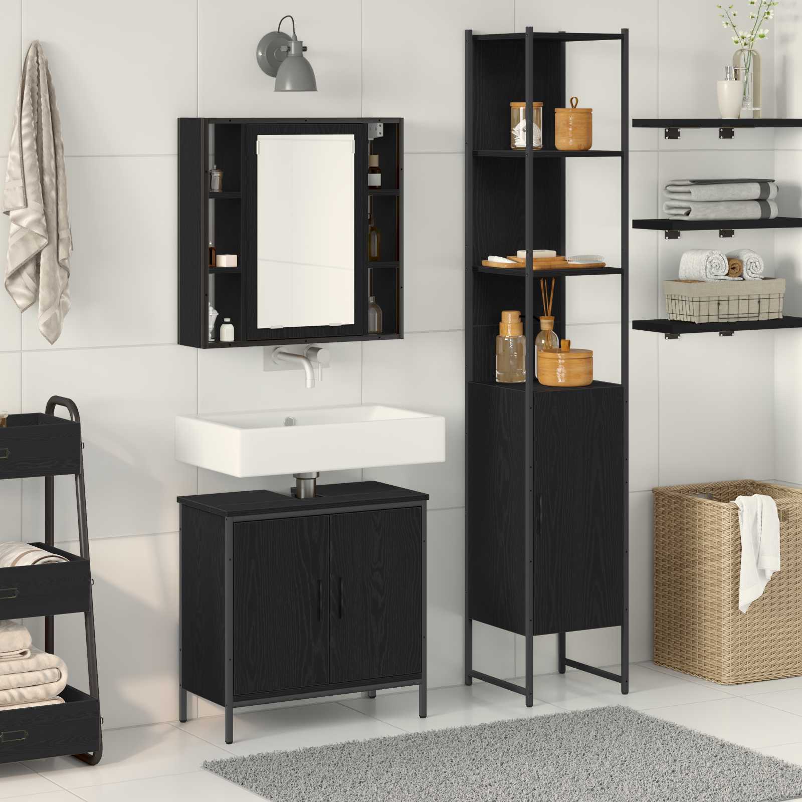 bathroom sink cabinet black oak 60x30x60 cm engineered wood