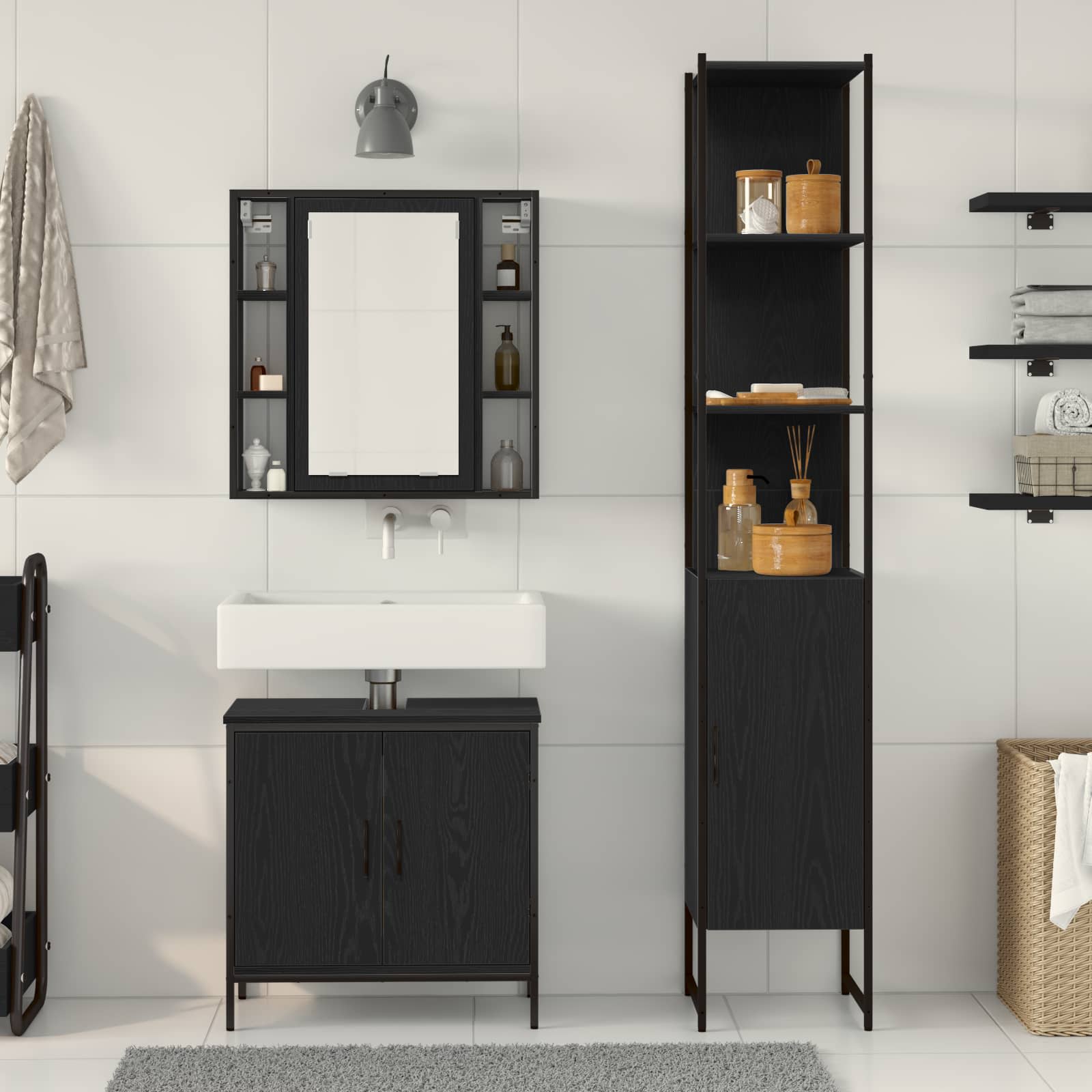 bathroom sink cabinet black oak 60x30x60 cm engineered wood