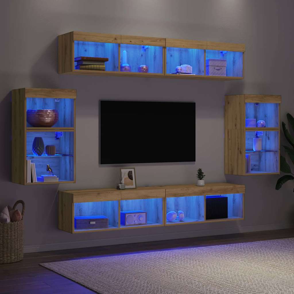 8 dalių TV sieninės sistemos su LED ir amatininko ąžuolo inžinerine mediena