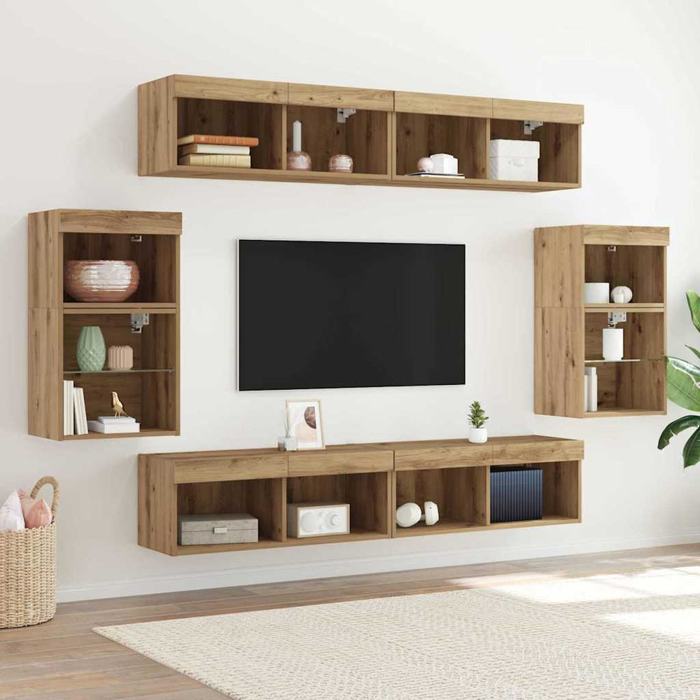 8 dalių TV sieninės sistemos su LED ir amatininko ąžuolo inžinerine mediena
