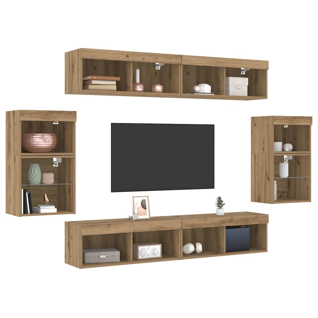 8 dalių TV sieninės sistemos su LED ir amatininko ąžuolo inžinerine mediena