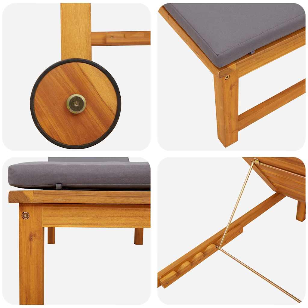 Sun lounger with light grey cushions, made from solid acacia wood.