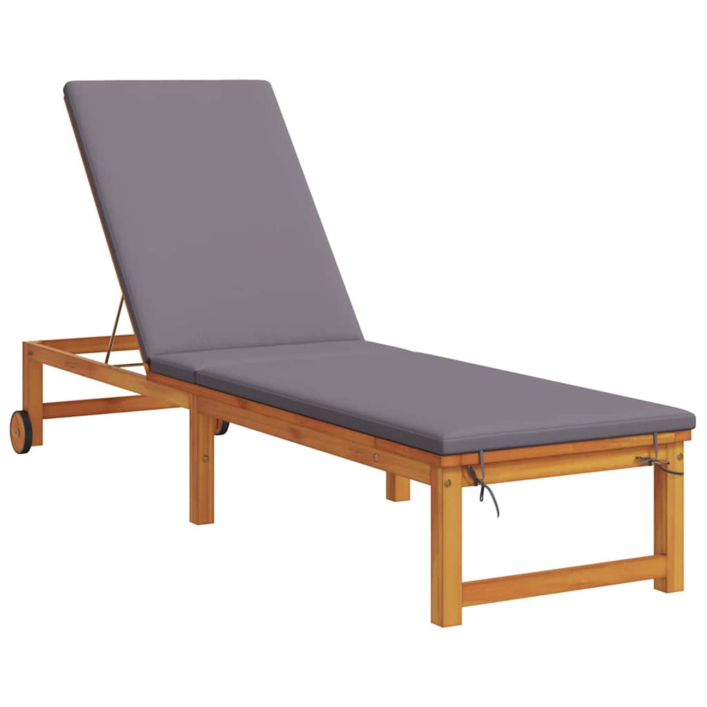 Sun lounger with light grey cushions, made from solid acacia wood.