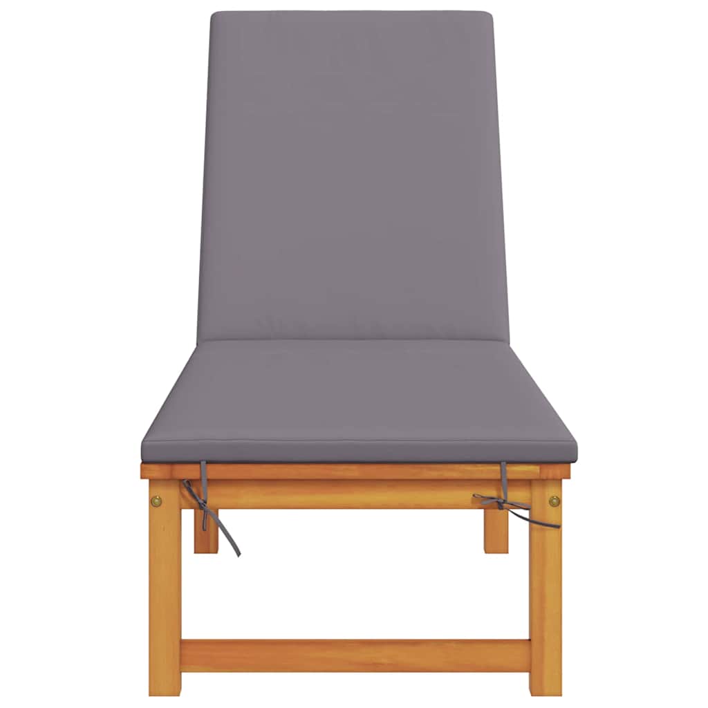 Sun lounger with light grey cushions, made from solid acacia wood.
