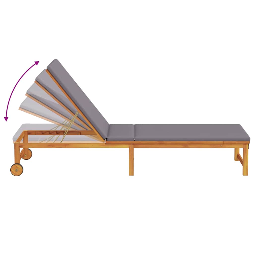 Sun lounger with light grey cushions, made from solid acacia wood.