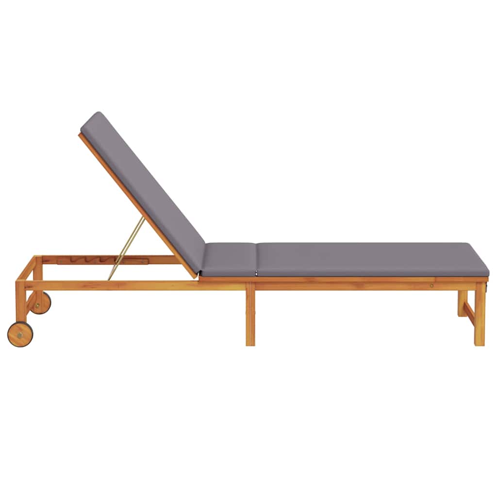 Sun lounger with light grey cushions, made from solid acacia wood.