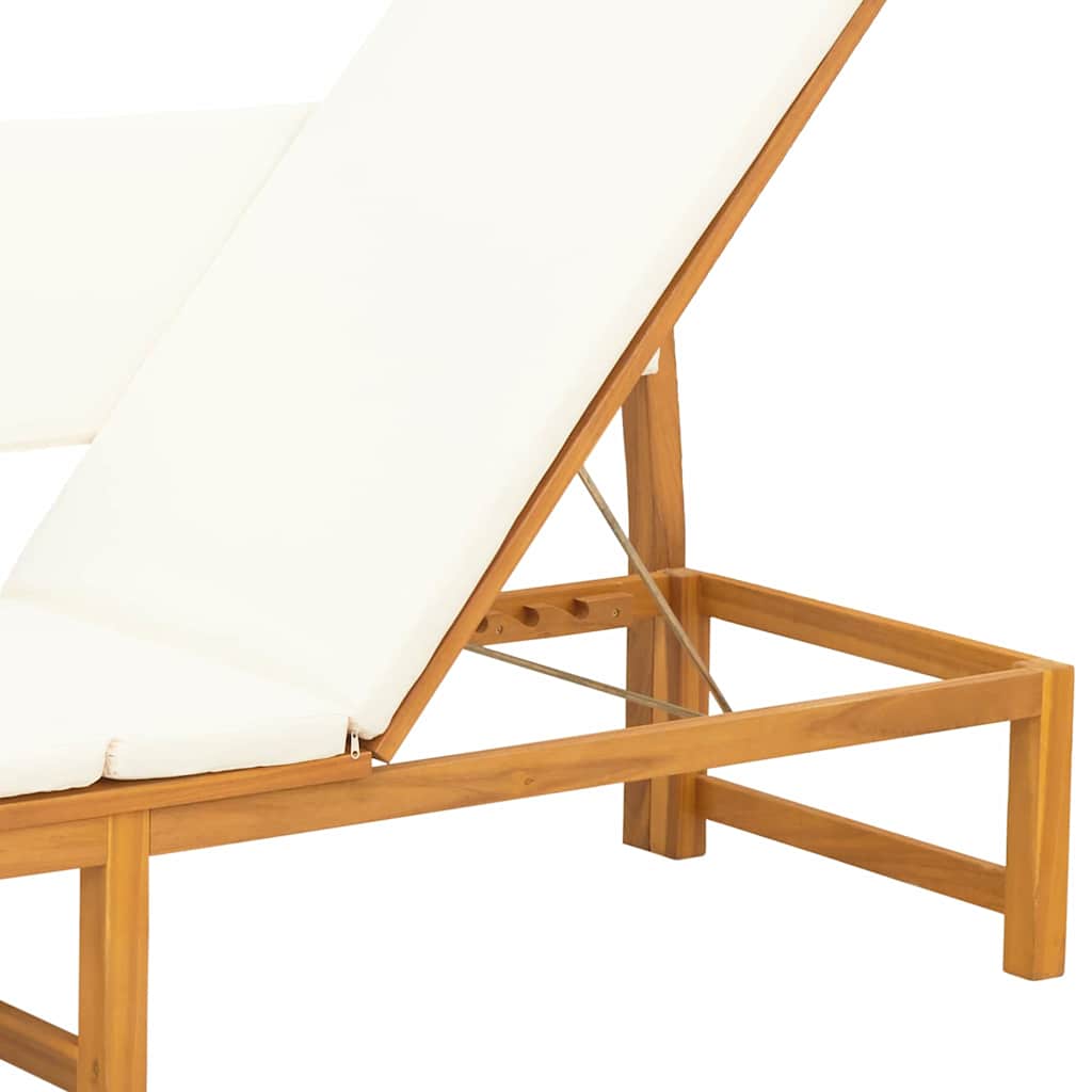 Sun lounger with 3-in-1 function and cream cushion, made of solid acacia wood