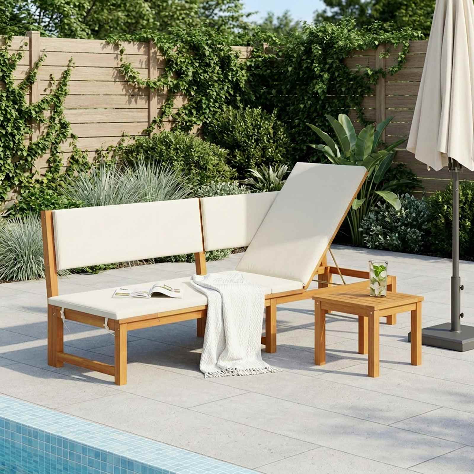 Sun lounger with 3-in-1 function and cream cushion, made of solid acacia wood