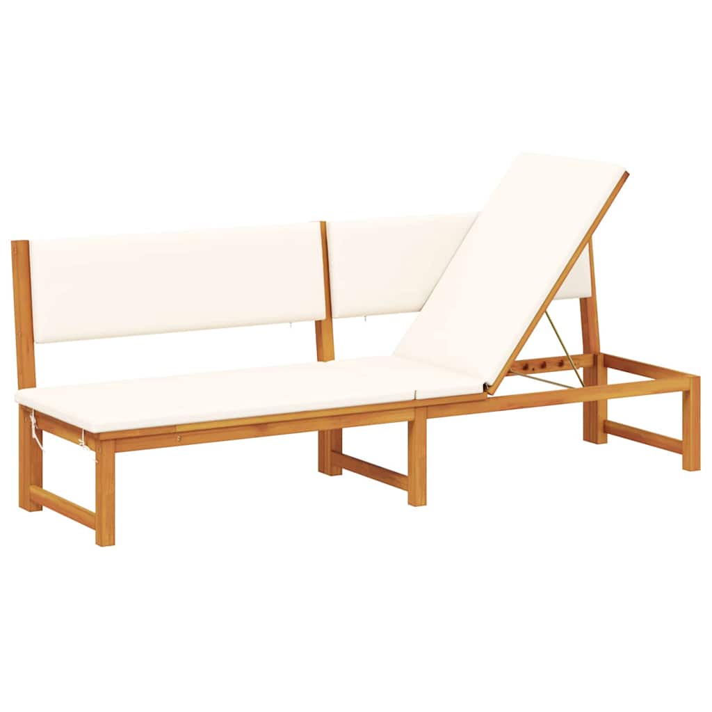 Sun lounger with 3-in-1 function and cream cushion, made of solid acacia wood