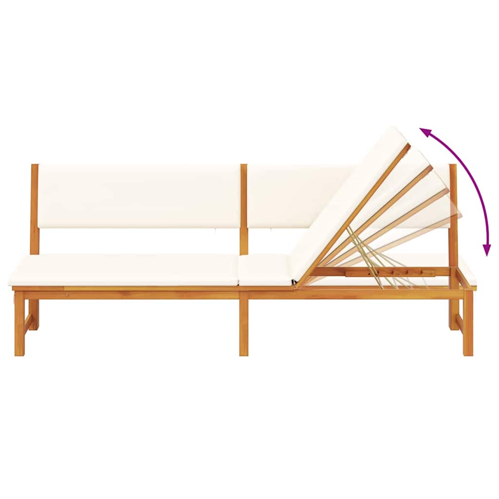 Sun lounger with 3-in-1 function and cream cushion, made of solid acacia wood