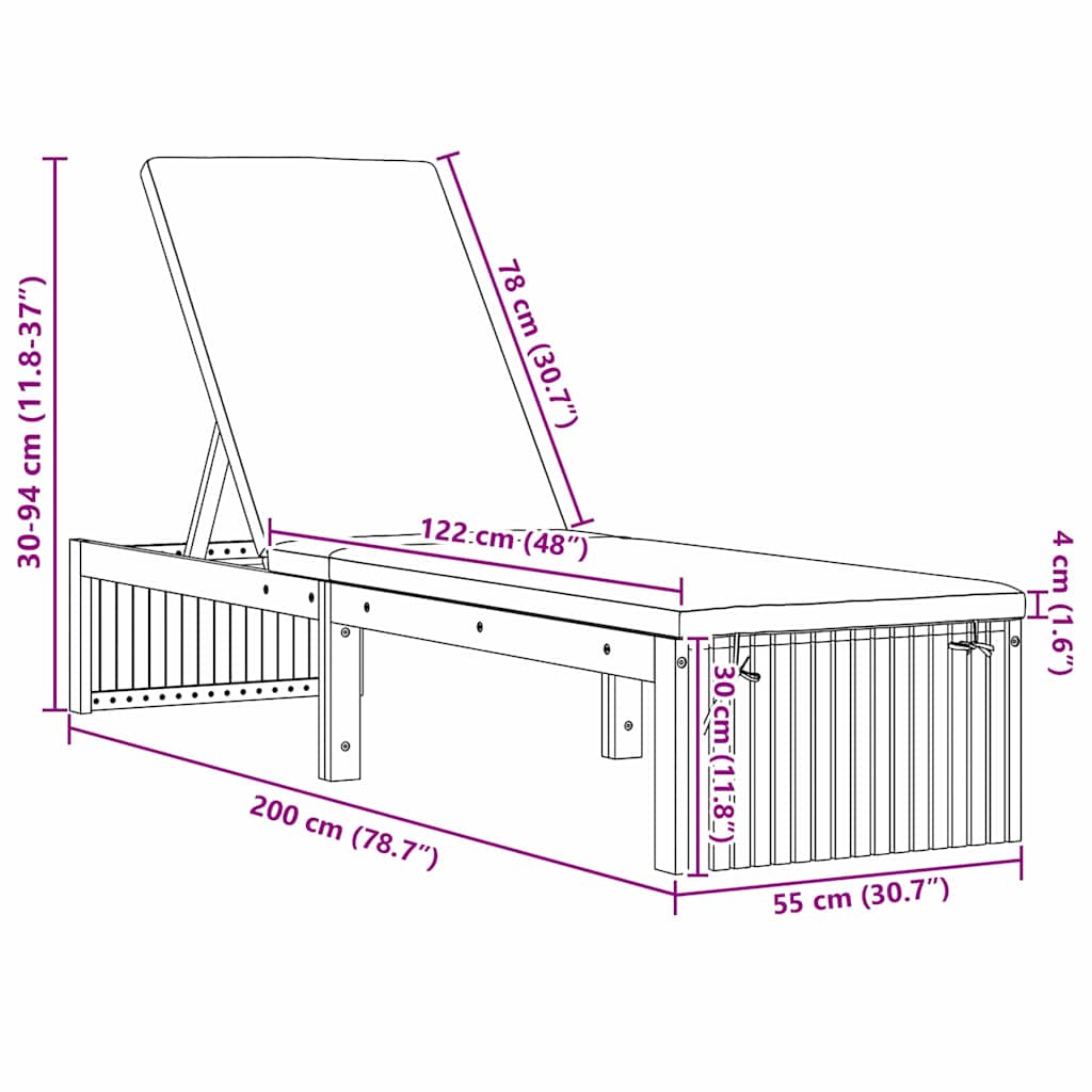 Saulės gultas su pagalve 200 x 55 x 30 cm, kietos akacijos medienos