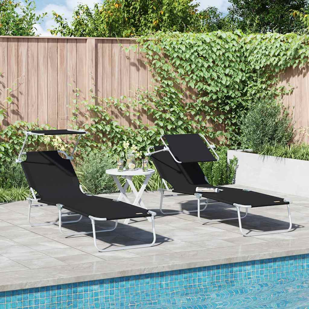 Folding sun loungers 2 pcs. with canopy, black, 600D Oxford fabric
