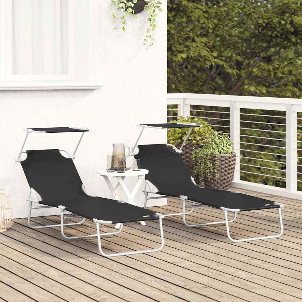 Folding sun loungers 2 pcs. with canopy, black, 600D Oxford fabric