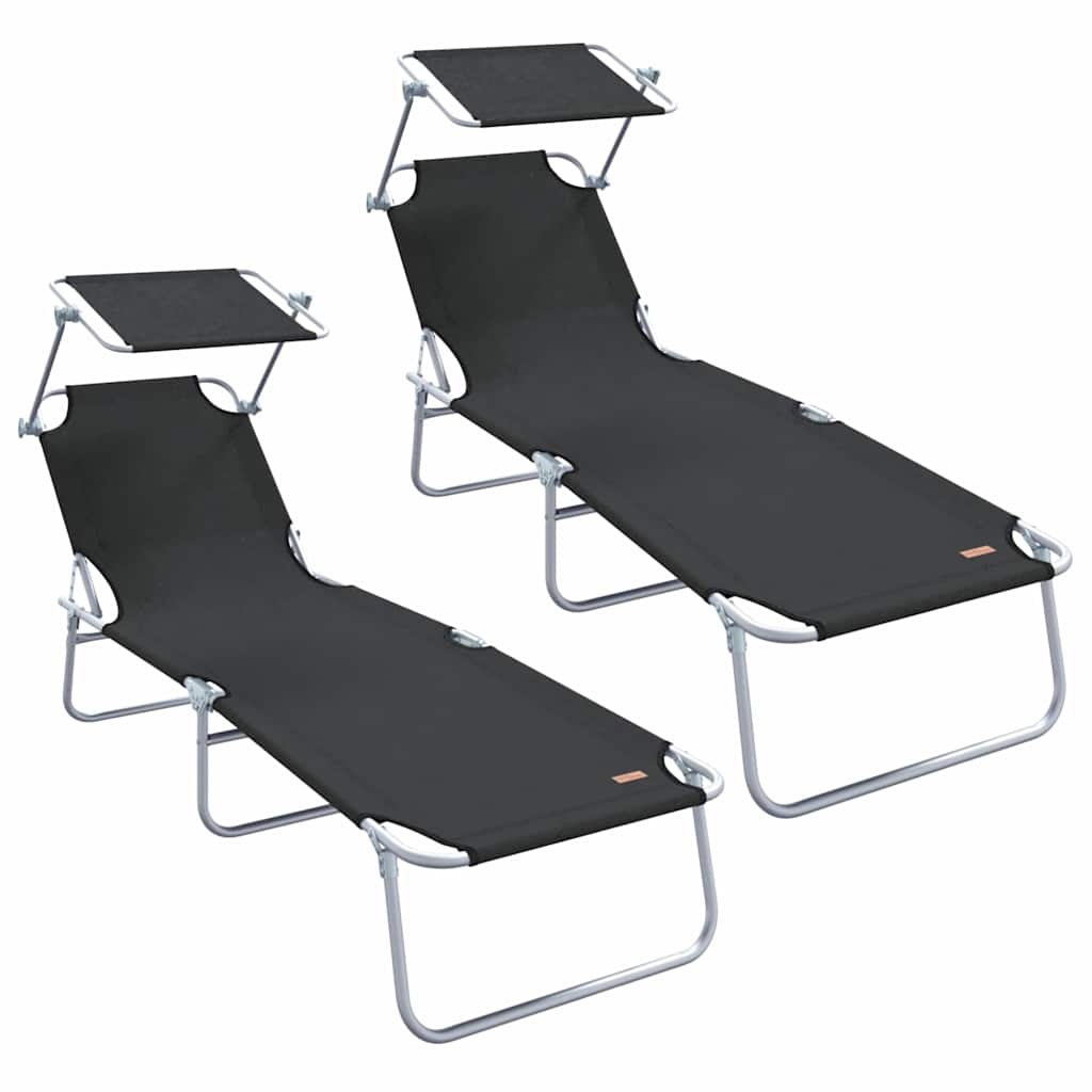 Folding sun loungers 2 pcs. with canopy, black, 600D Oxford fabric