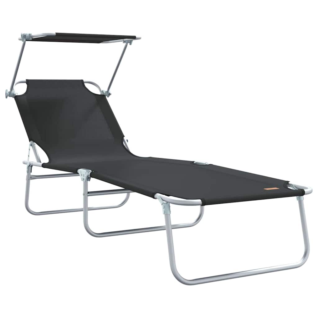 Folding sun loungers 2 pcs. with canopy, black, 600D Oxford fabric