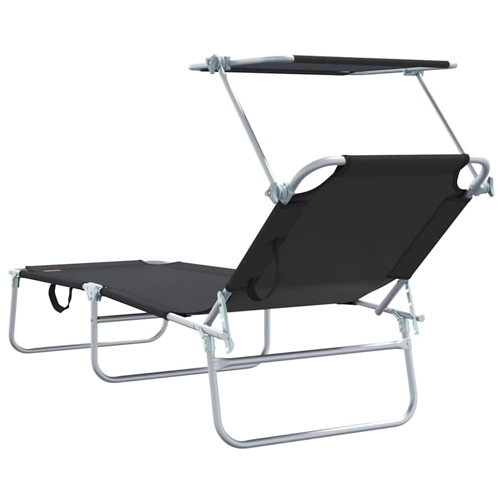 Folding sun loungers 2 pcs. with canopy, black, 600D Oxford fabric