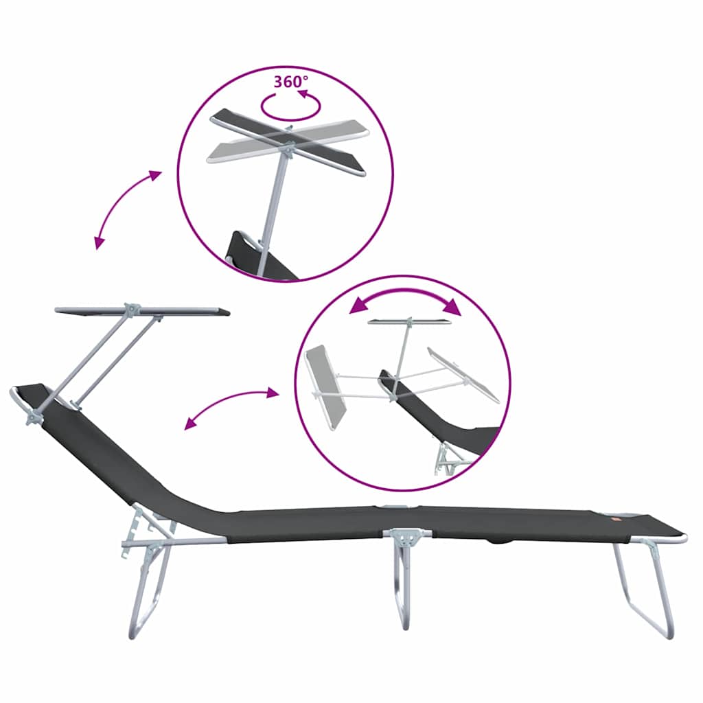 Folding sun loungers 2 pcs. with canopy, black, 600D Oxford fabric