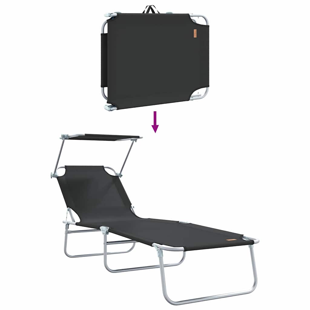 Folding sun loungers 2 pcs. with canopy, black, 600D Oxford fabric